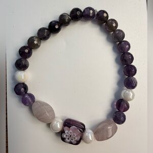 Purple Gemstone Stretch Bracelet | 6” Handmade Beaded Bracelet | Floral Accent